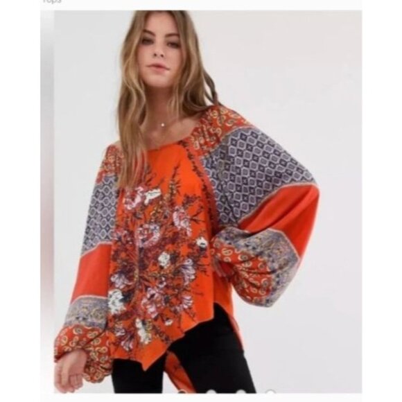 Free People  Positano Orange Patchwork Print Blouse size extra small oversized - Picture 1 of 14